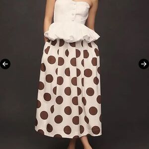 White Strapless Top with Brown Polka Dot Skirt